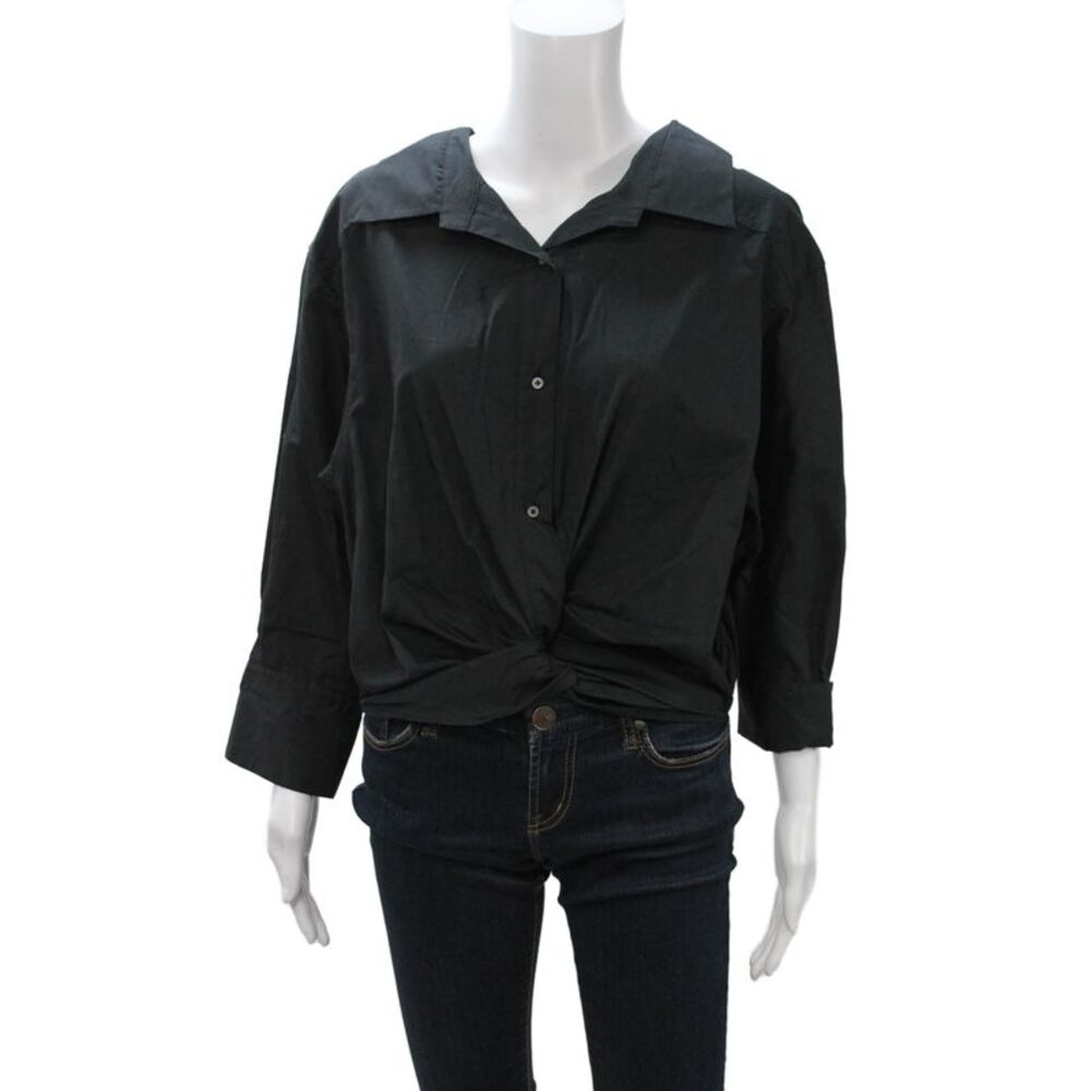 ALIX NYC Women Collared 3/4 Sleeve Black Button Up Blouse 97% Cotton Size L